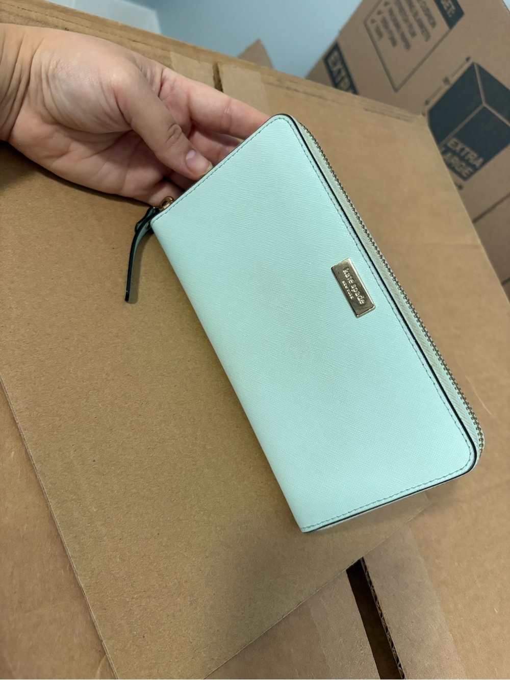 kate spade Mint Zip-Around Leather Wallet with Gold Plaque